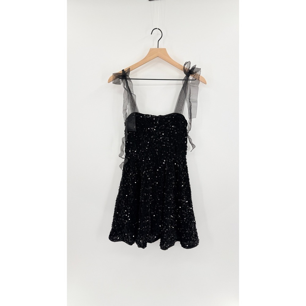 Juniors Sm Sequin Mini Black Dress Tie Shoulder Sheer Sparkly Glam Party Hoco